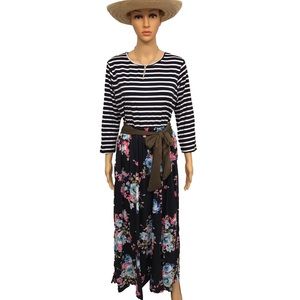 New Floral Print Striped Tie Waist Maxi dress L